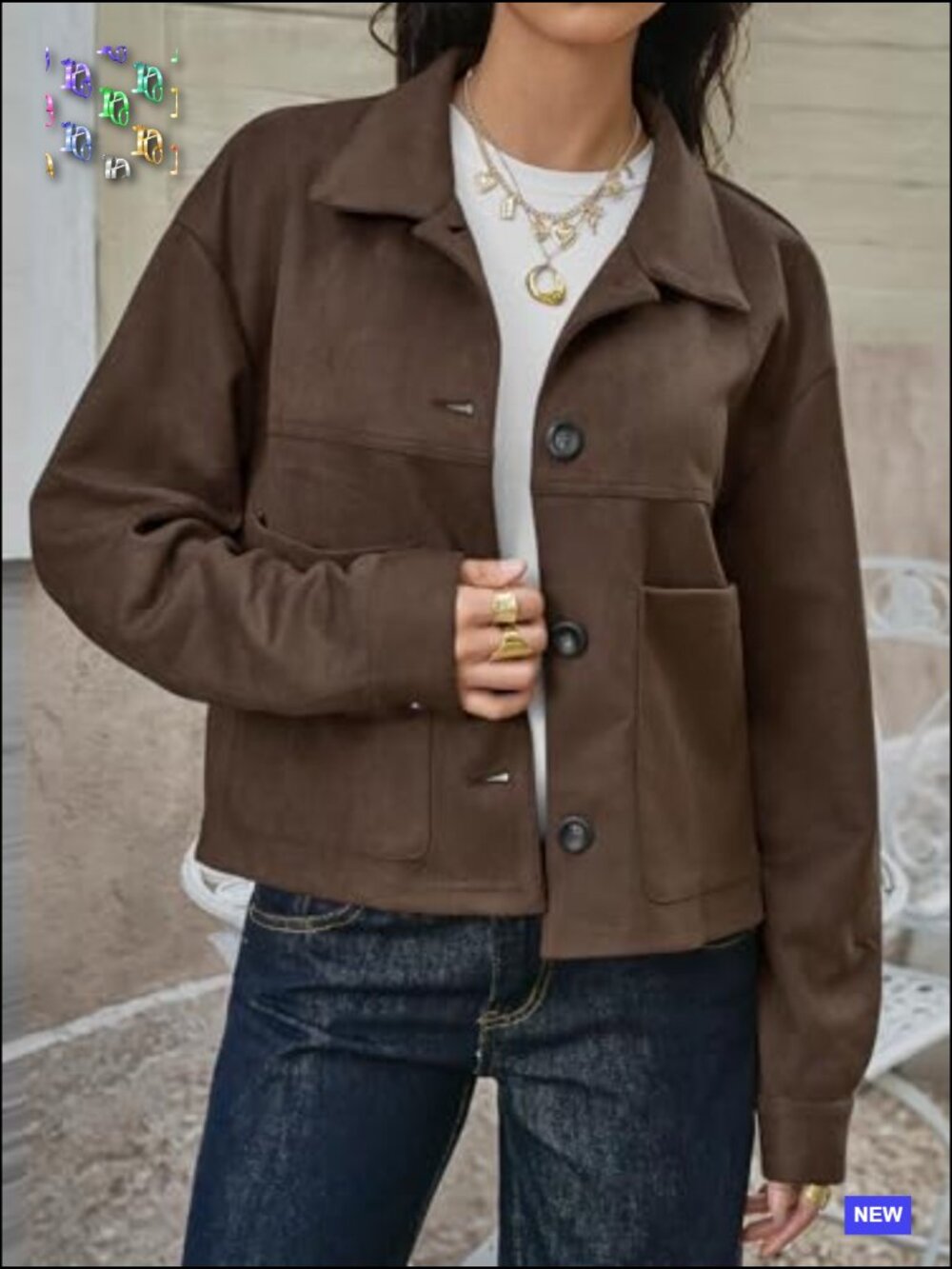 Cropped Faux Suede Jacket Lapel Collar Button Down Short Coat Fall Winter - Picture 2 of 6